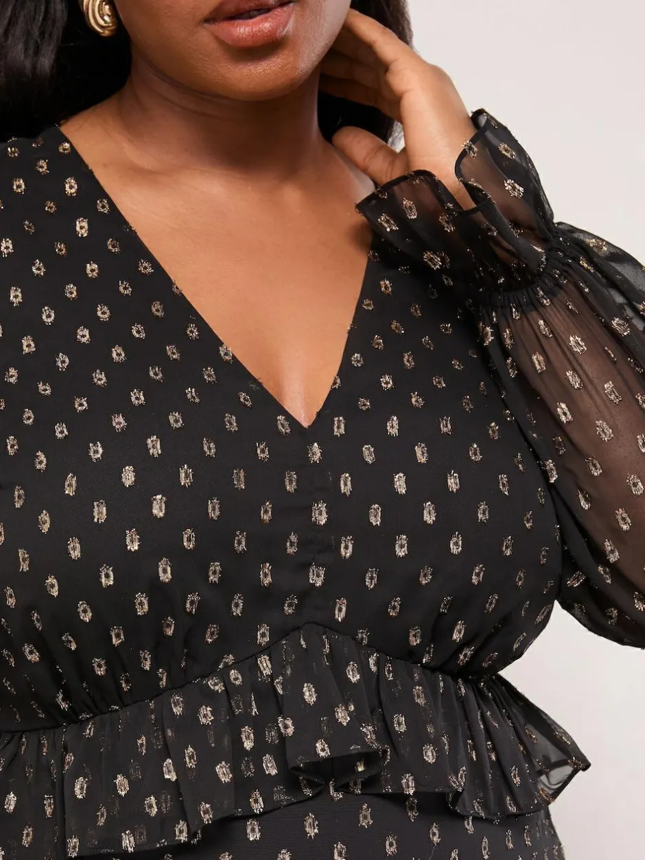 Lipsy Black Curve Metallic Spot V-Neck Ruffle Midi Dress New