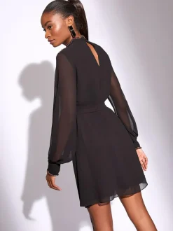 Lipsy Black Embellished Cut Out Artwork Long Sleeve Mini Shift Dress Outlet