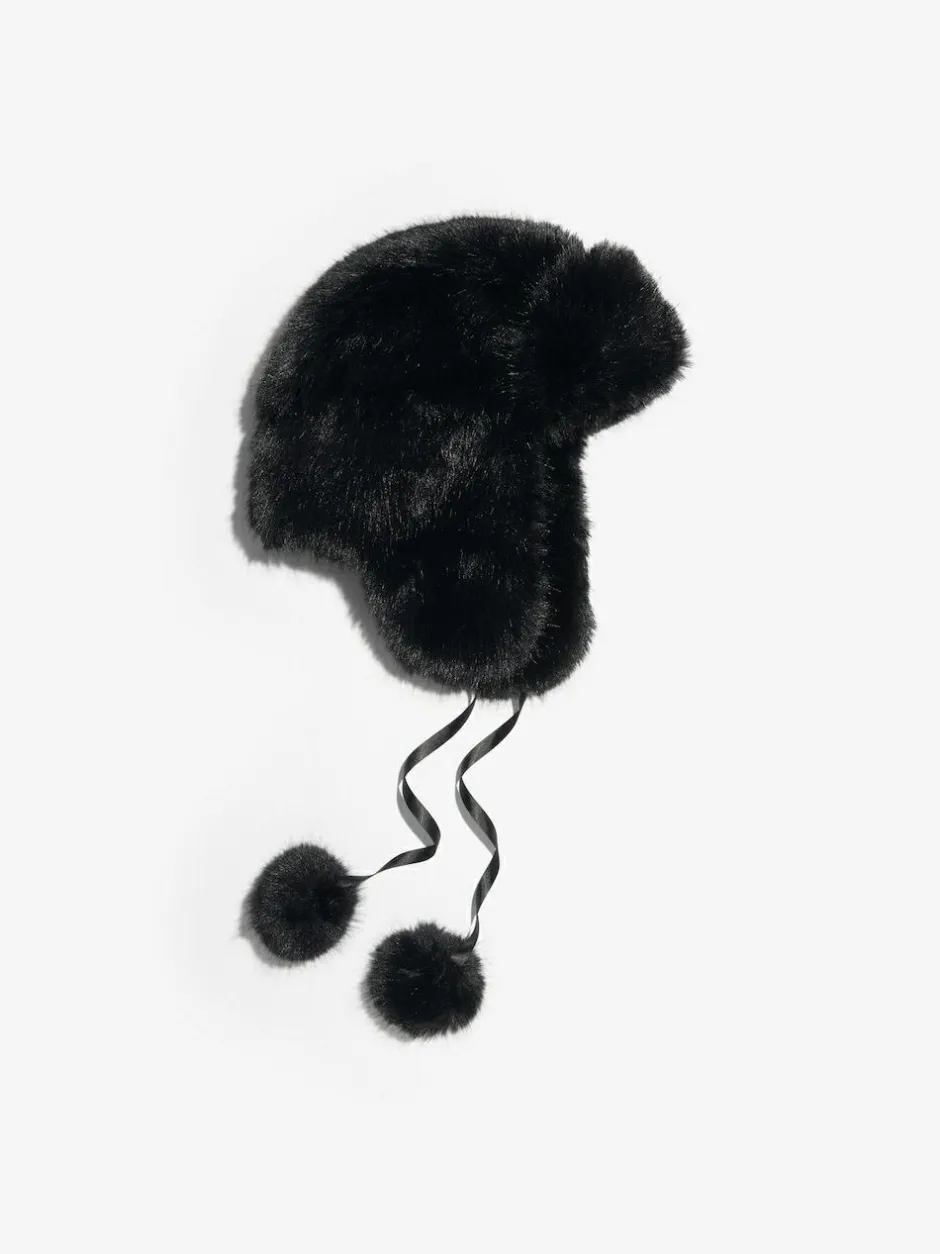 Lipsy Faux Fur Trapper Hat with Poms Black New