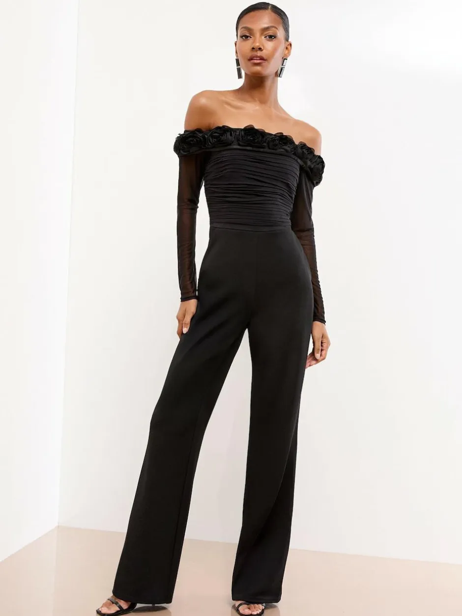 Lipsy Black Flower 3D Trim Bardot Long Sleeve Mesh Jumpsuit