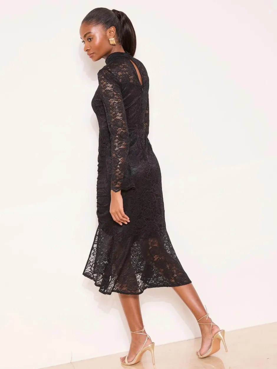 Lipsy Black High Neck Lace Flare Sleeve Midi Dress