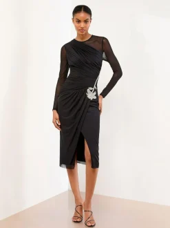 Lipsy Black Long Sleeve Embellished Trim Mesh Bodycon Midi Dress Sale