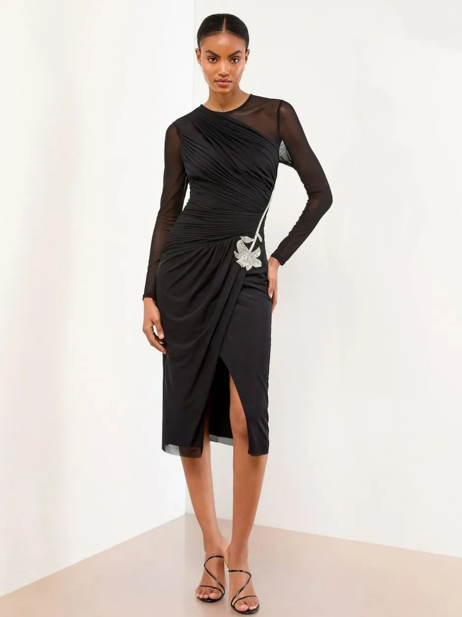 Lipsy Black Long Sleeve Embellished Trim Mesh Bodycon Midi Dress Sale
