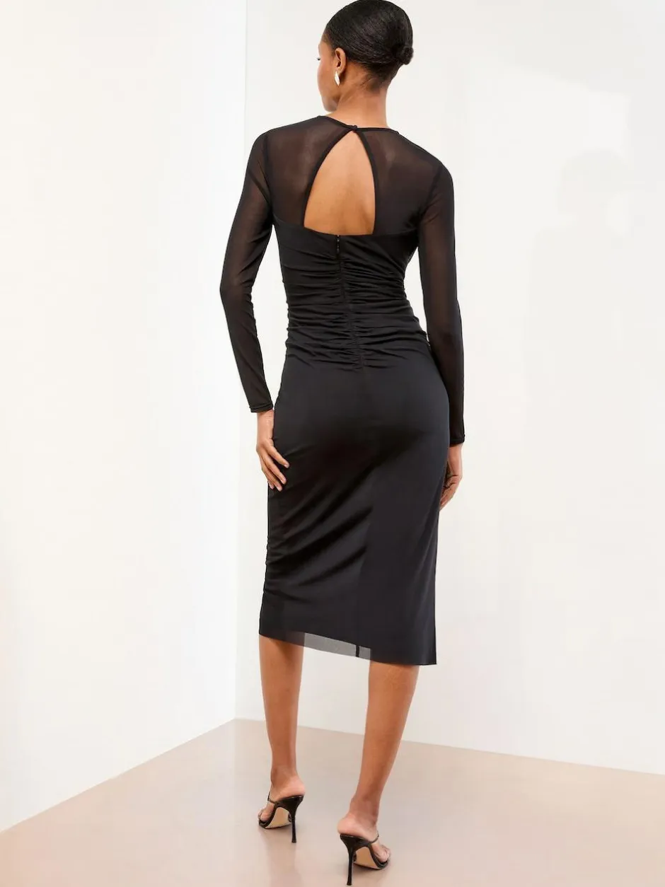 Lipsy Black Long Sleeve Embellished Trim Mesh Bodycon Midi Dress Sale