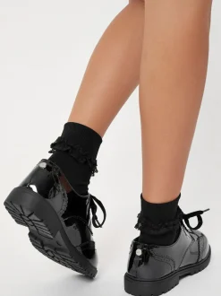 Lipsy Black Narrow Fit (E) Clean Lace Up Chunky Brogue School Shoes New
