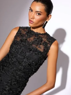 Lipsy Black Petite 3d Floral Mesh Midaxi Bodycon Dress New