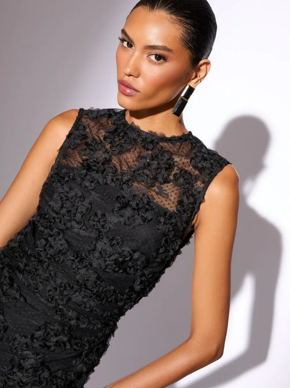 Lipsy Black Petite 3d Floral Mesh Midaxi Bodycon Dress New
