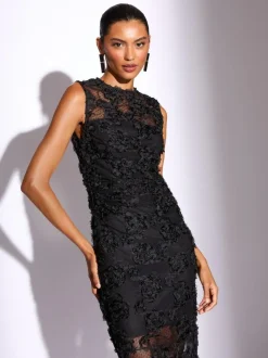 Lipsy Black Petite 3d Floral Mesh Midaxi Bodycon Dress New