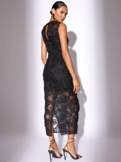 Lipsy Black Petite 3d Floral Mesh Midaxi Bodycon Dress New