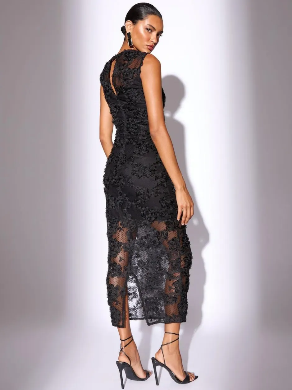 Lipsy Black Petite 3d Floral Mesh Midaxi Bodycon Dress New