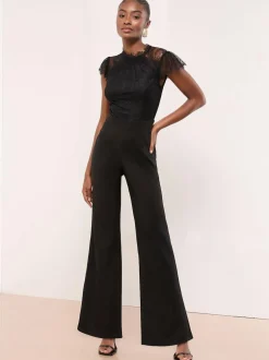 Lipsy Black Petite Lace High Neck Short Sleeve Jumpsuit