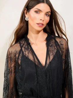 Lipsy Black Petite Lace Ruffle Long Sleeve Midi Dress Outlet