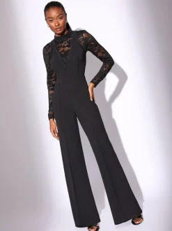 Lipsy Black Petite Long Sleeve Lace High Neck Jumpsuit Sale