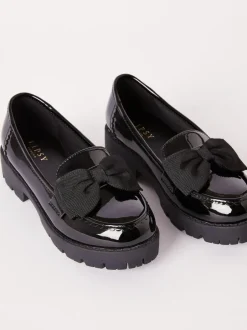 Lipsy Black Standard Fit (F) Patent Chunky Bow Slip On Loafer School Shoes Outlet