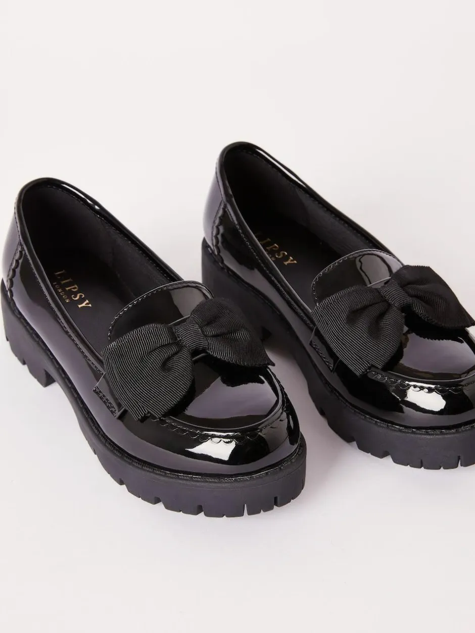 Lipsy Black Standard Fit (F) Patent Chunky Bow Slip On Loafer School Shoes Outlet