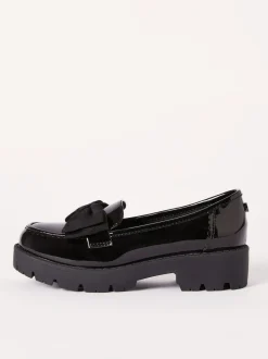 Lipsy Black Standard Fit (F) Patent Chunky Bow Slip On Loafer School Shoes Outlet