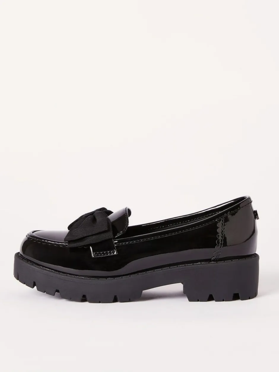 Lipsy Black Standard Fit (F) Patent Chunky Bow Slip On Loafer School Shoes Outlet