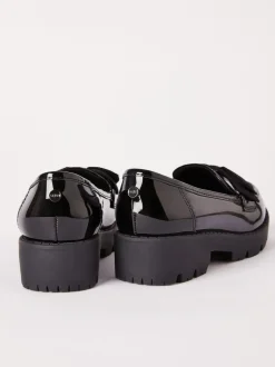 Lipsy Black Standard Fit (F) Patent Chunky Bow Slip On Loafer School Shoes Outlet