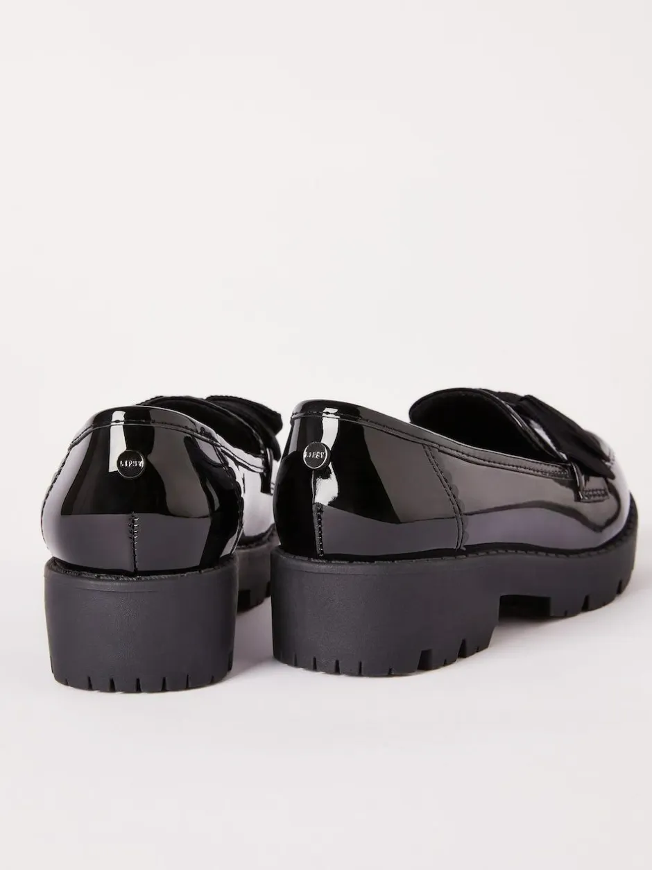 Lipsy Black Standard Fit (F) Patent Chunky Bow Slip On Loafer School Shoes Outlet