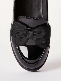 Lipsy Black Standard Fit (F) Patent Chunky Bow Slip On Loafer School Shoes Outlet