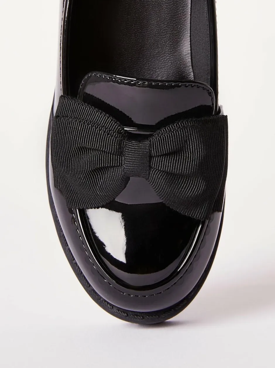 Lipsy Black Standard Fit (F) Patent Chunky Bow Slip On Loafer School Shoes Outlet