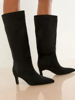 Lipsy Standard fit Faux Leather Knee High Low Kitten Heel Boots Black Clearance