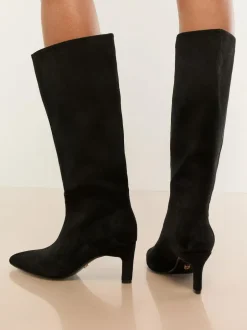 Lipsy Standard fit Faux Leather Knee High Low Kitten Heel Boots Black Clearance