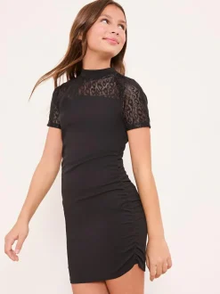 Lipsy Black Teen Leopard Print Mesh Bodycon Dress (10-16yrs)