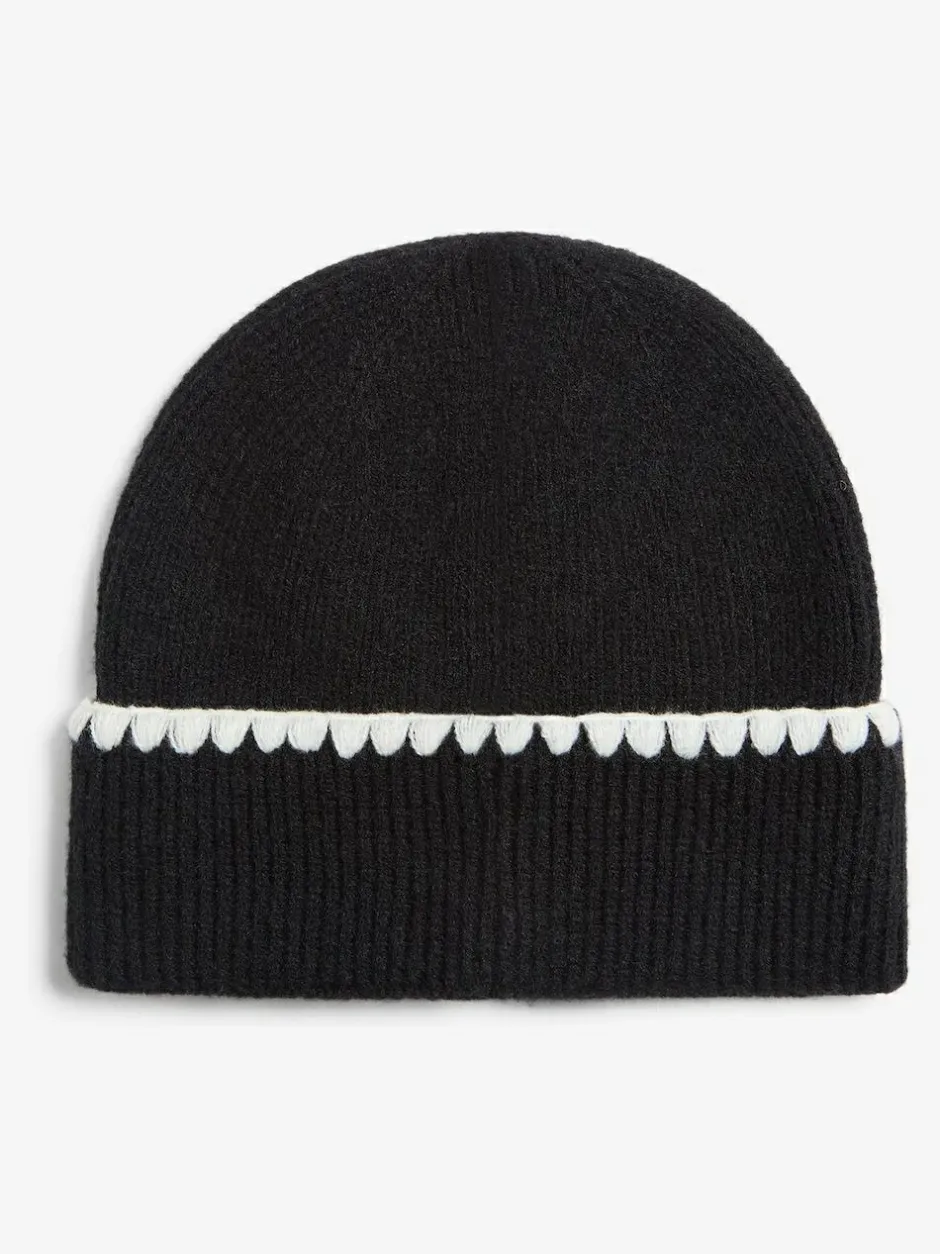 Lipsy Whipstitch Trim Beanie Hat Black New