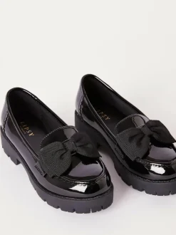 Lipsy Black Wide Fit (G) Patent Chunky Bow Slip On Loafer School Shoes Hot