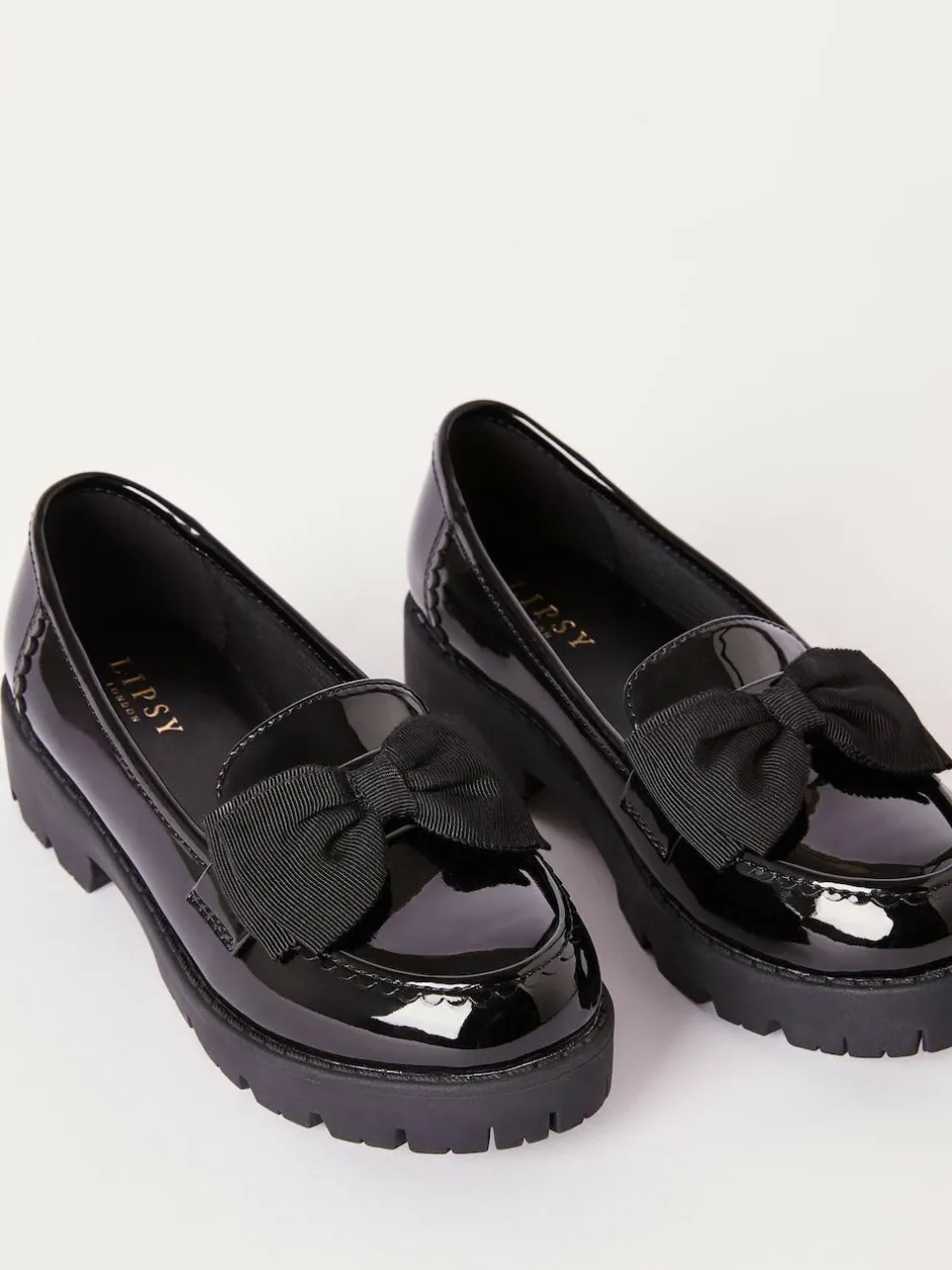 Lipsy Black Wide Fit (G) Patent Chunky Bow Slip On Loafer School Shoes Hot