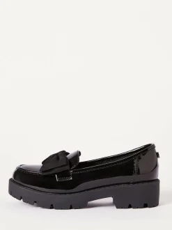 Lipsy Black Wide Fit (G) Patent Chunky Bow Slip On Loafer School Shoes Hot