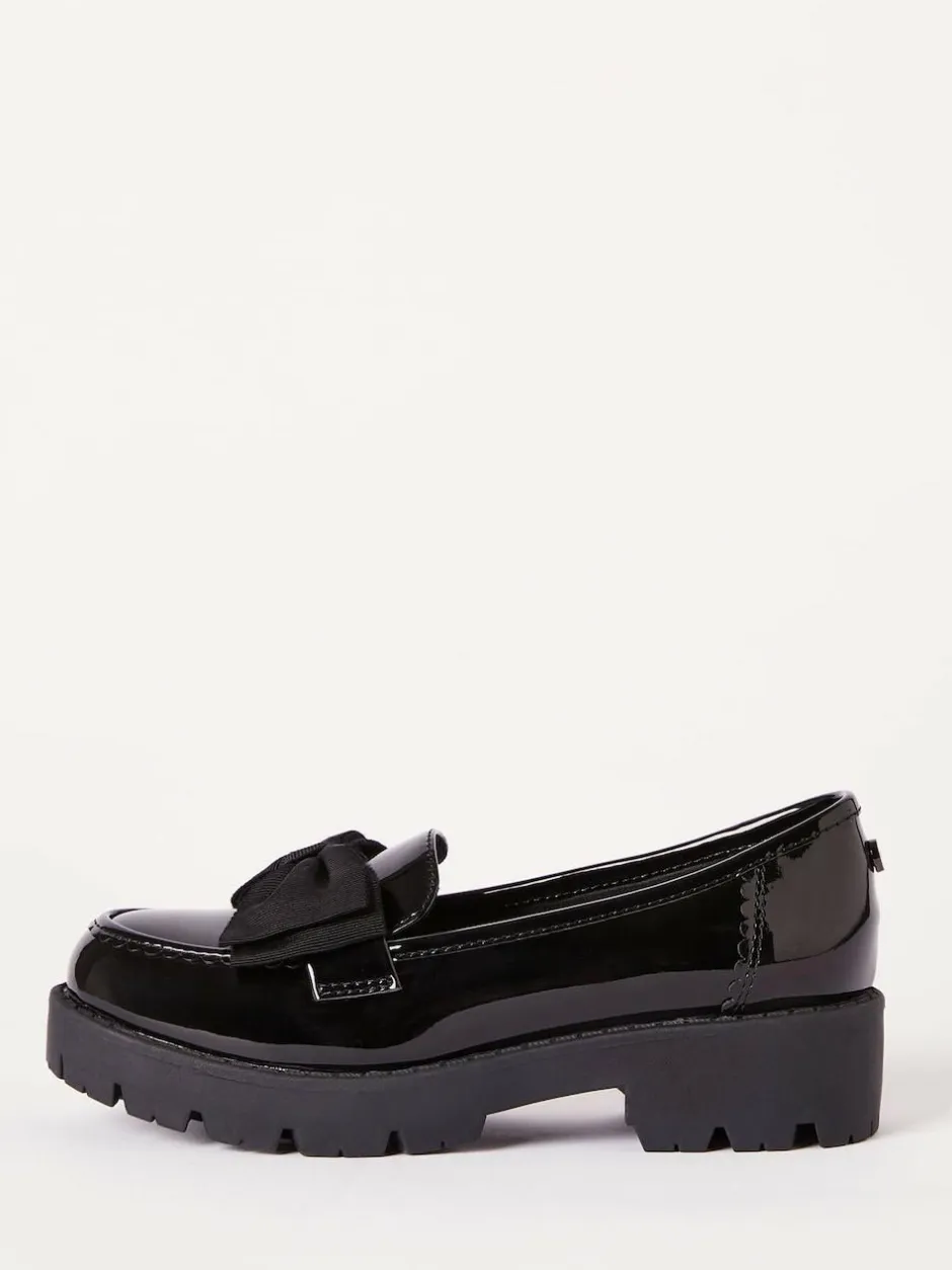 Lipsy Black Wide Fit (G) Patent Chunky Bow Slip On Loafer School Shoes Hot