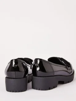 Lipsy Black Wide Fit (G) Patent Chunky Bow Slip On Loafer School Shoes Hot