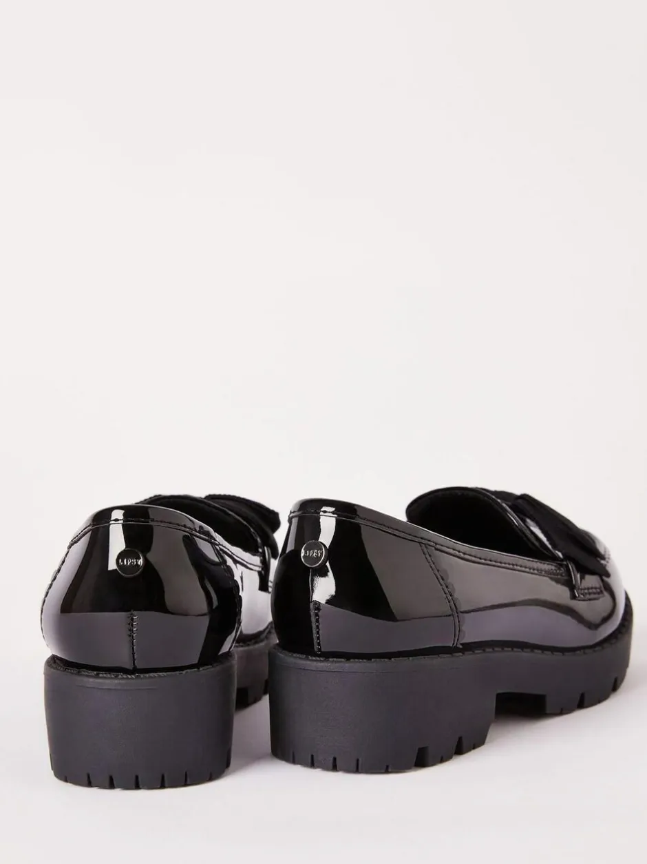Lipsy Black Wide Fit (G) Patent Chunky Bow Slip On Loafer School Shoes Hot