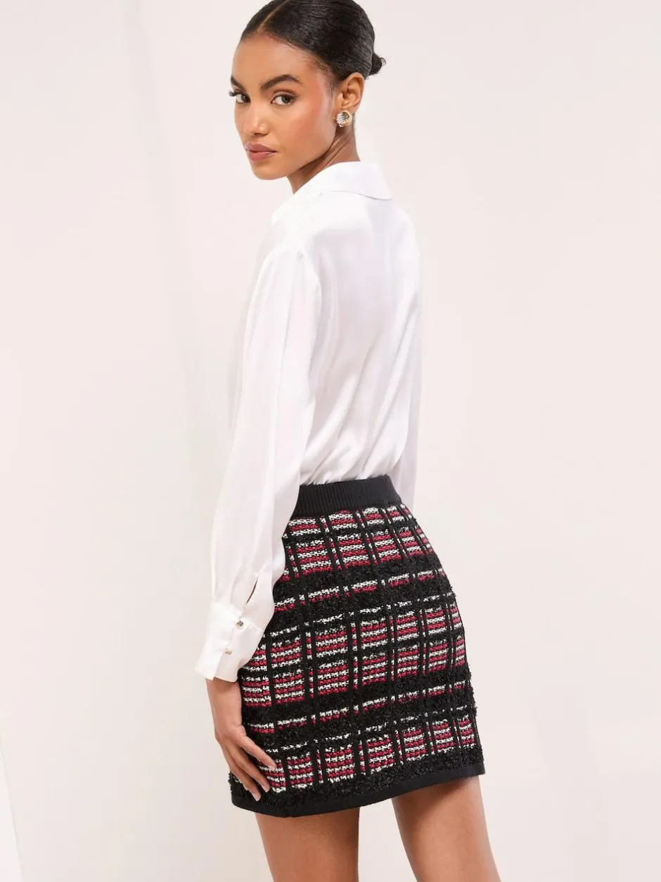 Lipsy Black/Red Checked Boucle Trim Detail Knitted Mini Skirt Best