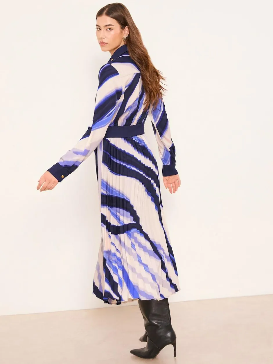 Lipsy Marble Print Woven Pleated Midi Shirt Dress Blue Discount