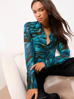 Lipsy Chiffon Printed Shirt Blue Zebra Clearance