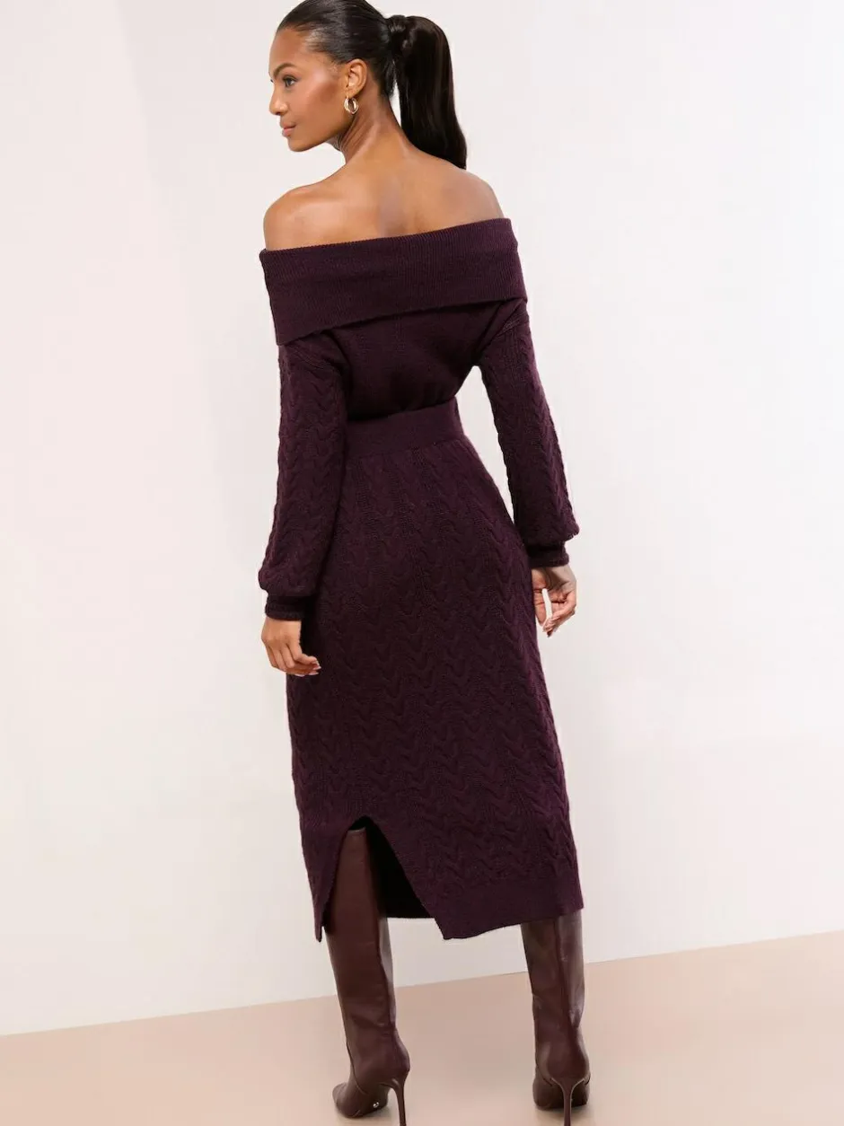 Lipsy Burgundy Red Cable Knit Co Ord Midi Skirt