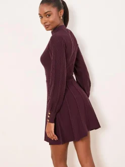 Lipsy Mini Diamond Knitted Long Sleeve Dress Burgundy Red Online