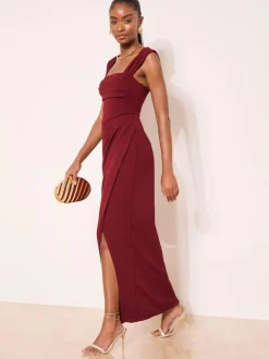 Lipsy Petite Square Neck Short Sleeve Ruched Maxi Dress Burgundy Red Online