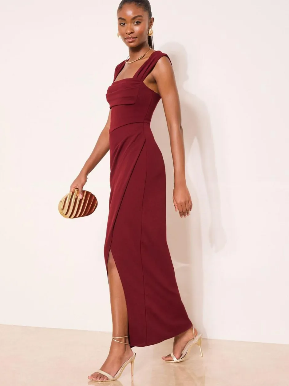 Lipsy Petite Square Neck Short Sleeve Ruched Maxi Dress Burgundy Red Online