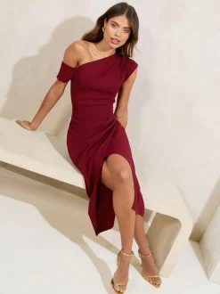 Lipsy Petite Off The Shoulder Gathered Waist Midi Dress Burgundy Red Best