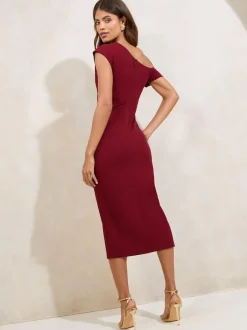 Lipsy Petite Off The Shoulder Gathered Waist Midi Dress Burgundy Red Best