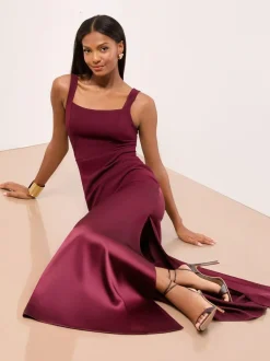 Lipsy Burgundy Red Petite Satin Mix Structured Fishtail Bridesmaid Maxi Dress