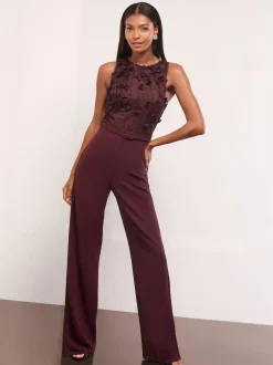 Lipsy Burgundy Red Petite Floral 3D Textured Halter Jumpsuit Hot