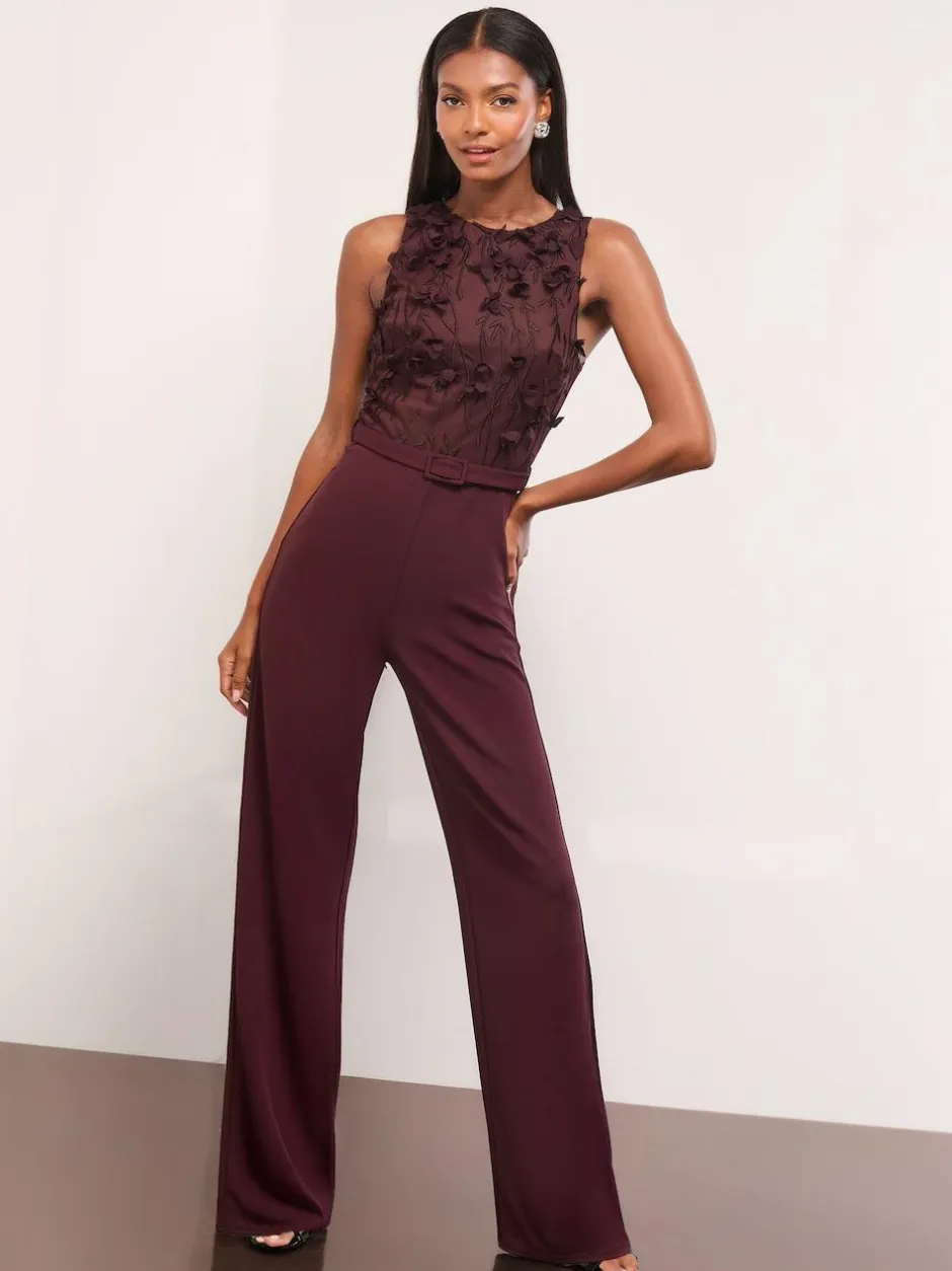 Lipsy Burgundy Red Petite Floral 3D Textured Halter Jumpsuit Hot
