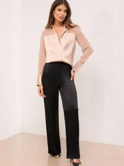 Lipsy Long Sleeve Satin Chiffon Mix Shirt Champagne Gold Clearance