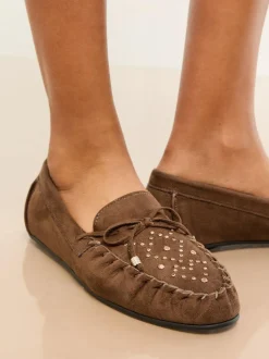 Lipsy Faux Leather Studded Casual Moccasin Loafers Chocolate Brown Outlet