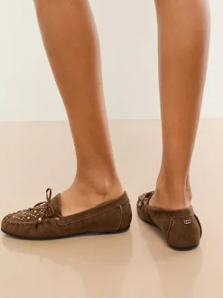 Lipsy Faux Leather Studded Casual Moccasin Loafers Chocolate Brown Outlet